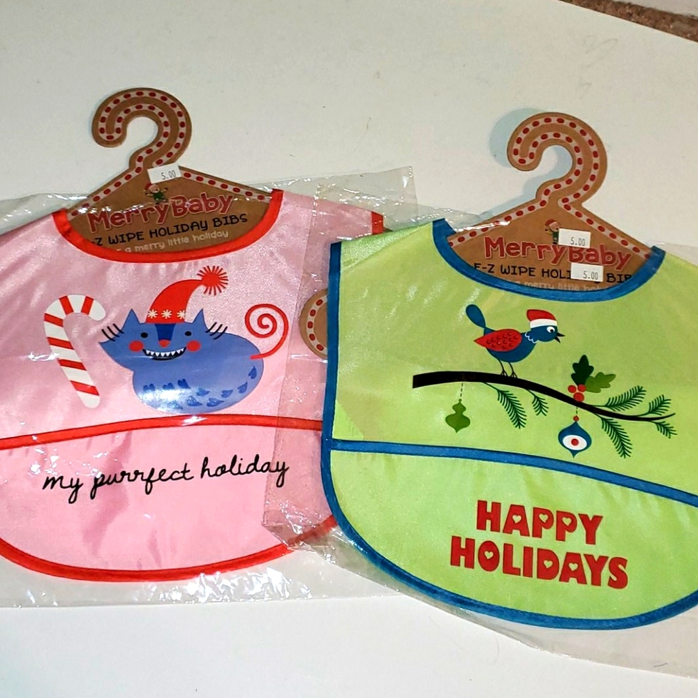 New Christmas Bib set,  green bird & pink cat